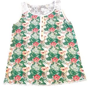 Lace-Trim Tropical Floral Tank Top in White, Pink & Green